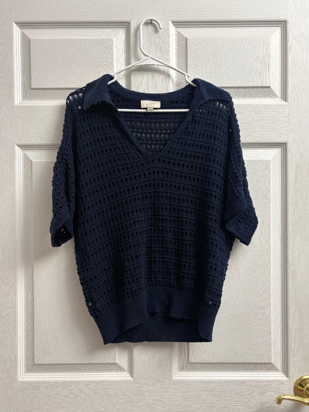 Women's Loft Navy Blue Crochet Short Sleeve Top